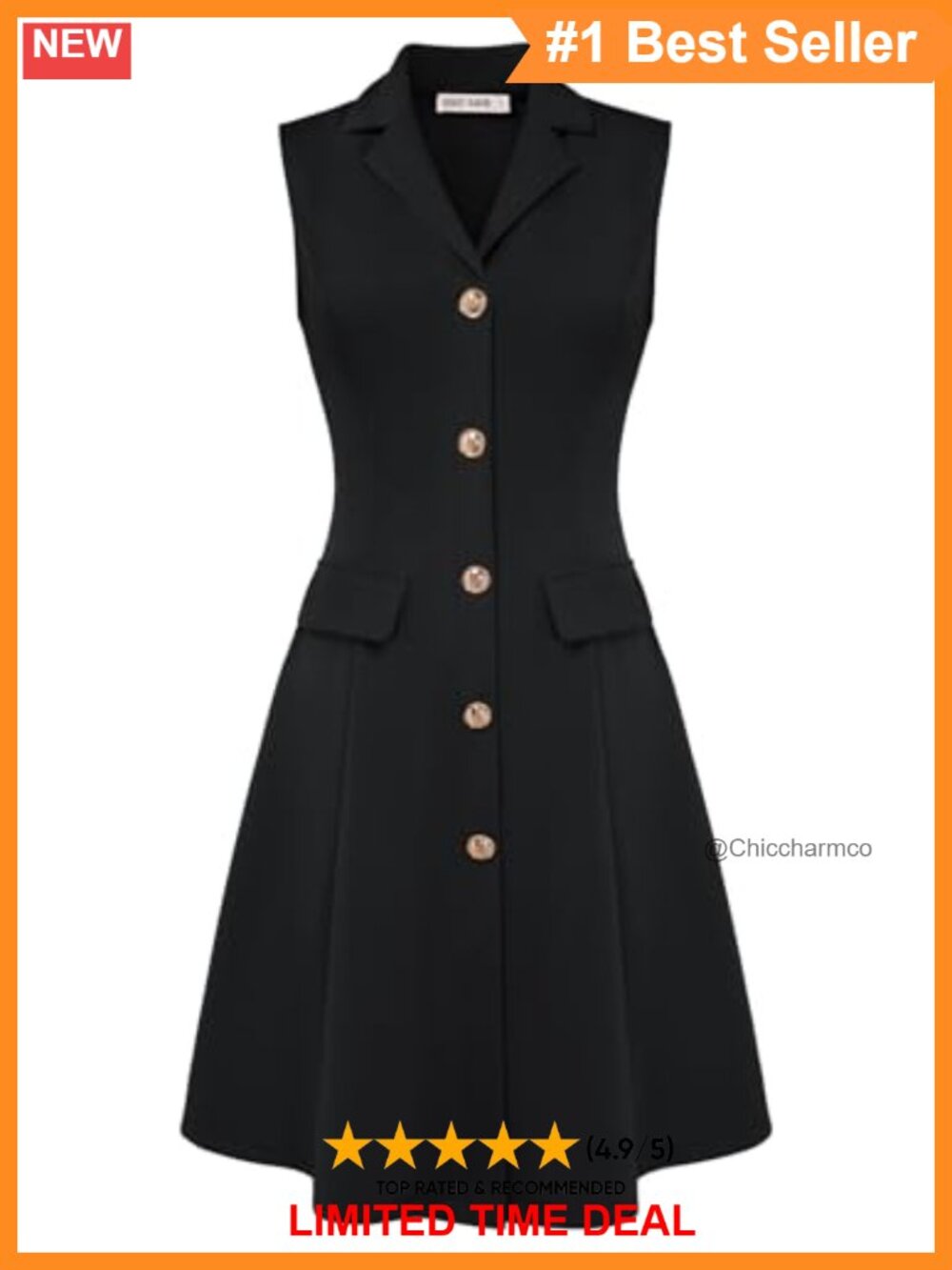 Sleeveless Button Down Work A-Line Dress Lapel Collar Knee-Length